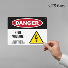 Load image into Gallery viewer, Bulk Case of 50 Signs - Danger High Voltage Aluminum Sign | Electrical Shock Hazard Caution Sign | Pre-drilled Mounting Holes, 10" x 14"