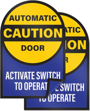 Load image into Gallery viewer, Bulk Case of 250 Sets - 2pk Caution Automatic Door Activate Switch to Operate Stickers, Double Sided Weatherproof Vinyl, 6&quot; Diameter