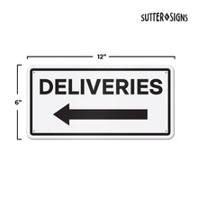 Load image into Gallery viewer, Bulk Case of 100 Signs - Deliveries with Left Arrow Sign, 12&quot; x 6&quot; Aluminum Delivery Sign for Home, Office, Commercial Buildings
