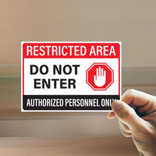 Load image into Gallery viewer, Bulk Case of 200 Sets - Restricted Area Do Not Enter Stickers, Authorized Personnel Only Signs, Self Adhesive Weatherproof Vinyl Stickers, Red/Black/White, 10" x 7" - Pack of 2