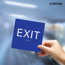 Load image into Gallery viewer, Bulk Case of 100 Signs - Exit Sign with Braille, Blue, Self Adhesive ADA Building Sign, 6&quot; x 6&quot;