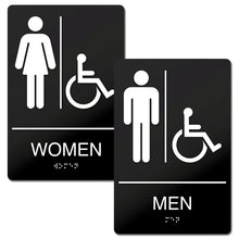 Load image into Gallery viewer, Bulk Case of 150 Sets - Men&#39;s + Women&#39;s Room Restroom Signs with Braille, Self Adhesive ABS Plastic, 9&quot; x 6&quot;