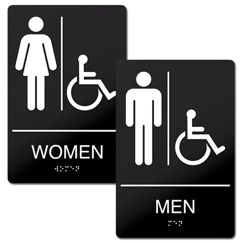 Bulk Case of 150 Sets - Men's + Women's Room Restroom Signs with Braille, Self Adhesive ABS Plastic, 9