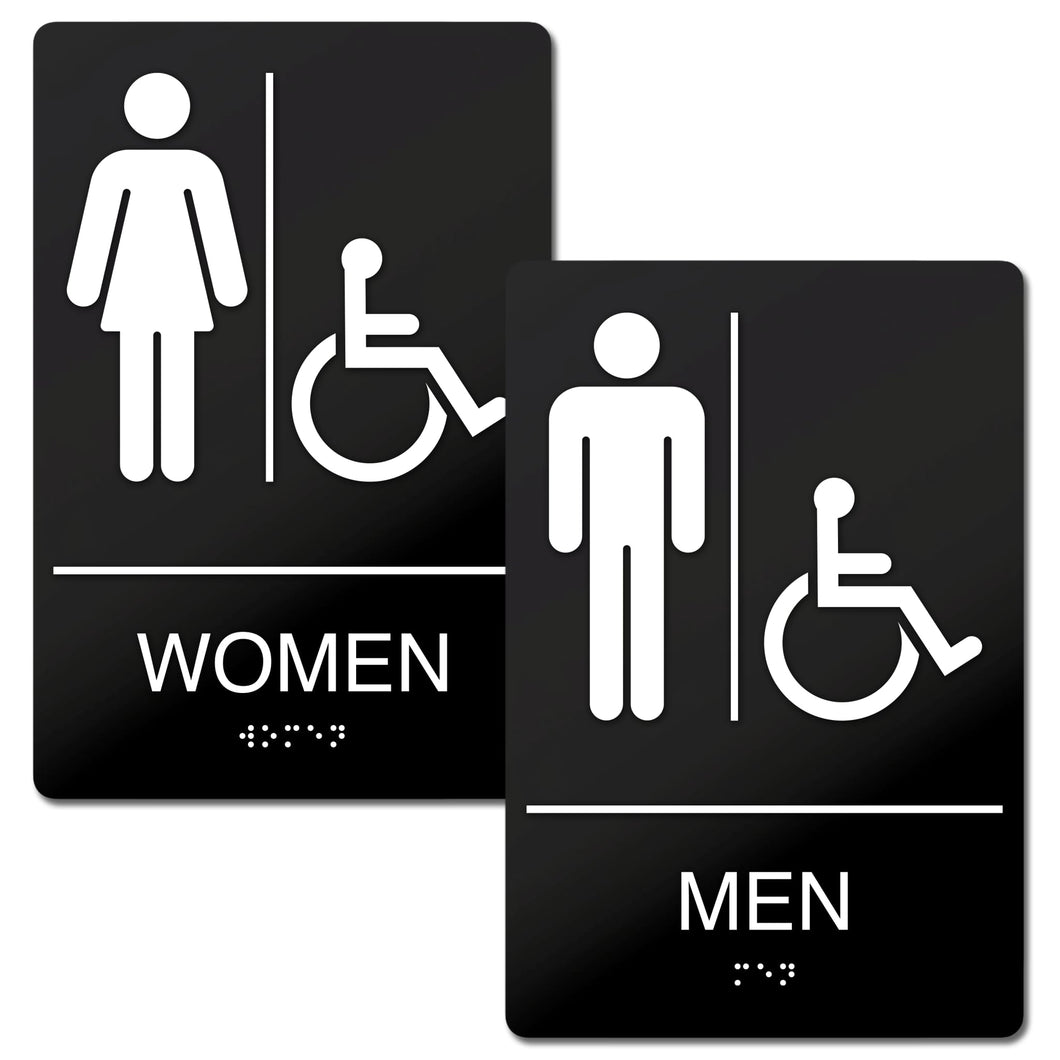 Bulk Case of 150 Sets - Men's + Women's Room Restroom Signs with Braille, Self Adhesive ABS Plastic, 9