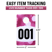 Load image into Gallery viewer, Bulk Case of 75 Sets - Live Plastic Number Tags for Hangers, 001-100 Consecutively Numbered, Mirror Image Number Cards for Live Sales, 3.25" x 2" Cards (Spotlight)
