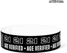 Load image into Gallery viewer, Bulk Case of 100 Sets - 21+ Wristbands for Events 500 ct | Over 21 Age Verified Wristbands for Venue, Concerts, Night Club | Black &amp; White Waterproof Vinyl Wrist Bands for Parties