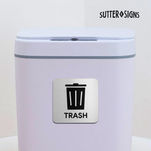 Load image into Gallery viewer, Bulk Case of 100 Sets -Trash and Recycle Signs | Large Silver Metal Finish Plastic Plaques with Strong Adhesive Backing, 5.5" x 5.5"
