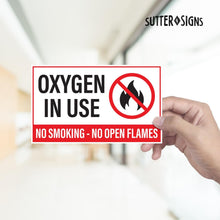 Load image into Gallery viewer, Bulk Case of 250 Sets - Oxygen in Use No Smoking No Open Flames Stickers, Weatherproof Self Adhesive Vinyl, White/Black/Red, 5" x 3" - Pack of 2