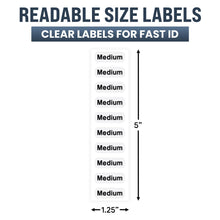 Load image into Gallery viewer, Bulk Case of 20 Sets - 1250pcs Clothing Size Strip Labels Box Set, 5 Rolls (S, M, L, XL, XXL), Clear Size Sticker Labels for Shirts, Pants, Retail Clothing