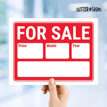 Load image into Gallery viewer, Bulk Case of 87 Sets - For Sale Signs 12x9, Plastic Signs for Used Car, Trailer, Vehicle for Sale with Year and Model, Waterproof Plastic (Pack of 4)