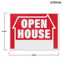 Load image into Gallery viewer, Bulk Case of 12 Sets - 5pk Open House Signs for Real Estate | House For Sale Yard Sign Supplies | Corrugated Plastic with Metal H Frame Stakes, 16&quot; x 12&quot;