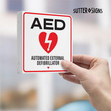 Load image into Gallery viewer, Bulk Case of 50 Sets - AED Sign 6" x 6" for Wall - 3D Acrylic AED Projecting Sign with Double Sided Design Mounting Screws Pre-Drilled Holes for Workplace - Defibrillator For Home (2 PACK)