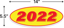 Load image into Gallery viewer, Bulk Case of 63 Sets - 2022 Car Model Year Windshield Stickers | 14&quot; x 5.5&quot; Oval Stickers for Car Dealerships, Vehicle Windshields (Pack of 12)
