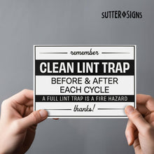 Load image into Gallery viewer, Bulk Case of 100 Sets - Clean Lint Trap Sign 5" x 7" | Durable Plastic Clean Laundry Sign with Peel and Stick Adhesive Backing | Rental and Airbnb Essentials for Hosts