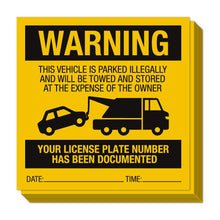 Load image into Gallery viewer, Bulk Case of 63 Sets - Illegally Parked Warning Stickers (Pack of 25) | Tow Away Warning Sign for Illegal Car Vehicle Parking Violation