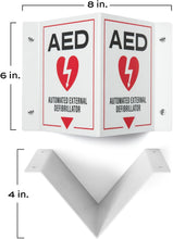 Load image into Gallery viewer, Bulk Case of 50 Sets - AED Wall Mount Sign 2-Pack | 3D Projecting Automated External Defibrillator Safety Signage for the Workplace, 6" x 8" x 4"