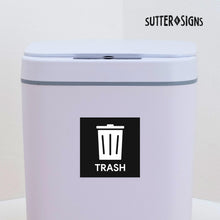 Load image into Gallery viewer, Bulk Case of 250 Sets - Trash and Recycle Stickers for Trash Cans – 4 Pack Indoor/Outdoor Vinyl Decals for Garbage &amp; Recycling Bins – Large 5" Waterproof Waste Sorting Labels (2 Black Trash, 2 Blue Recycle)