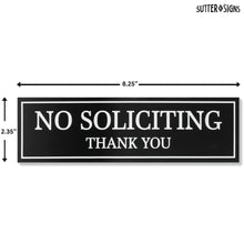 Load image into Gallery viewer, Bulk Case of 250 Signs - No Soliciting Sign for Front Door | Sturdy Black Plastic with Full Adhesive Backing, 8.25&quot; x 2.35&quot;