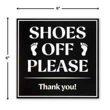 Load image into Gallery viewer, Bulk Case of 100 Sets - Shoes Off Please Sign | Please Remove Your Shoes Sign for Front Door House | Black Plastic with Full Adhesive Backing, 6" x 6"