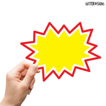 Load image into Gallery viewer, Bulk Case of 66 Sets - Starburst Signs with Stickers 100pcs | 50pcs Price Sign Cards &amp; 50pcs Strong Sticker Dots. 6x8 inch (Yellow)