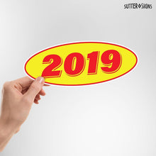 Load image into Gallery viewer, Bulk Case of 75 Sets - 2019 Car Model Year Windshield Stickers | 14" x 5.5" Oval Stickers for Car Dealerships, Vehicle Windshields (Pack of 12)