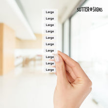 Load image into Gallery viewer, Bulk Case of 100 Rolls - 250pcs Large Clothing Size Strip Labels, 1.25&quot; x 5&quot; Labels, Large, 250/Roll, Clear Size Strip Sticker for Shirts, Pants, Accessories, Retail Clothing