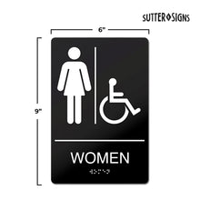Load image into Gallery viewer, Bulk Case of 100 Sets - Women's ADA Compliant Restroom Sign with Braille, Self Adhesive ABS Plastic Sign for Business, 9" x 6