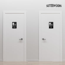 Load image into Gallery viewer, Bulk Case of 150 Sets - Men's + Women's Room Restroom Signs with Braille, Self Adhesive ABS Plastic, 9" x 6"