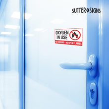 Load image into Gallery viewer, Bulk Case of 250 Sets - Oxygen in Use No Smoking No Open Flames Stickers, Weatherproof Self Adhesive Vinyl, White/Black/Red, 5" x 3" - Pack of 2