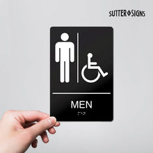 Load image into Gallery viewer, Bulk Case of 250 Sets - Men&#39;s Room Sign - Self-Adhesive ABS Plastic Braille Sign - 9&quot; x 6&quot;