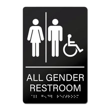 Load image into Gallery viewer, Bulk Case of 100 Sets - All Gender Restroom Sign with Braille 6" x 9", Black/White, Self-Adhesive Plastic Gender Neutral Handicapped Accessible Restroom Sign