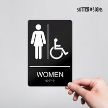 Load image into Gallery viewer, Bulk Case of 150 Sets - Men&#39;s + Women&#39;s Room Restroom Signs with Braille, Self Adhesive ABS Plastic, 9&quot; x 6&quot;