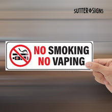Load image into Gallery viewer, Bulk Case of 250 Sets - No Smoking No Vaping Signs, Self Adhesive Vinyl Sticker for Cars or Businesses, White, 9" x 3" (Pack of 4)