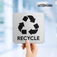 Load image into Gallery viewer, Bulk Case of 100 Sets -Trash and Recycle Signs | Large Silver Metal Finish Plastic Plaques with Strong Adhesive Backing, 5.5&quot; x 5.5&quot;