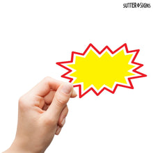 Load image into Gallery viewer, Bulk Case of 144 Sets - Starburst Price Tags with Stickers 100pcs 3x5 inch (Yellow), 50pcs Cards &amp; 50pcs Sticker Dots, Sale Signs for Retail Store, Clearance Promo, Garage Sale, Yard Sale