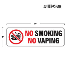 Load image into Gallery viewer, Bulk Case of 250 Sets - No Smoking No Vaping Signs, Self Adhesive Vinyl Sticker for Cars or Businesses, White, 9" x 3" (Pack of 4)