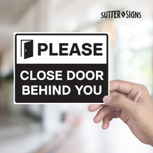 Load image into Gallery viewer, Bulk Case of 200 Sets - Please Close Door Behind You Stickers 8" x 6" - Pack of 2, Self Adhesive Weatherproof Vinyl Sticker Signs, Black/White