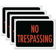 Load image into Gallery viewer, Bulk Case of 50 Sets - 4pk No Trespassing Sign Thick PVC Plastic No Trespassing Signs For Private Property w/ Pre-Drilled Mounting Holes, 12" x 8.5"