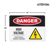 Load image into Gallery viewer, Bulk Case of 50 Signs - Danger High Voltage Aluminum Sign | Electrical Shock Hazard Caution Sign | Pre-drilled Mounting Holes, 10" x 14"