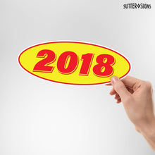 Load image into Gallery viewer, Bulk Case of 100 Sets - 2018 Car Model Year Windshield Stickers | 14" x 5.5" Oval Stickers for Car Dealerships, Vehicle Windshields (Pack of 12)