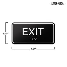 Load image into Gallery viewer, Bulk Case of 100 Signs - Exit Sign with Braille, Black, Self Adhesive ADA Building Sign, 6&quot; x 3&quot;