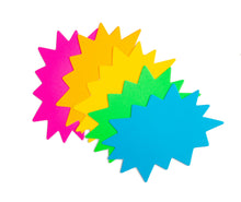 Load image into Gallery viewer, Bulk Case of 150 Sets - Starburst Signs with Stickers 100pcs | Sale Price Tags for Garage Sale, Estate Sale, Yard Sale, Retail Supplies. 50pcs Price Sign Cards &amp; 50pcs Strong Sticker Dots. 2x3 inch (Solid Neon)