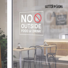 Load image into Gallery viewer, Bulk Case of 250 Sets - No Outside Food or Drink Sign, Clear Self Adhesive Vinyl Stickers, 8" x 6" (Pack of 2)