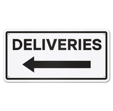 Load image into Gallery viewer, Bulk Case of 100 Signs - Deliveries with Left Arrow Sign, 12&quot; x 6&quot; Aluminum Delivery Sign for Home, Office, Commercial Buildings