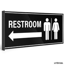 Load image into Gallery viewer, Bulk Case of 45 Sets - 2pk Restroom Sign with Arrow | Wall Mounted Projecting Double Sided Unisex Restroom Signs 12.1&quot; x 5.5&quot;