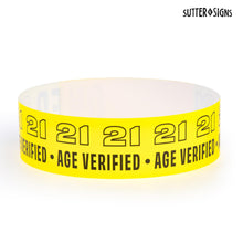 Load image into Gallery viewer, Bulk Case of 100 Sets - 21+ Wristbands for Events 500 ct | Over 21 Age Verified Wristbands, Waterproof Vinyl Wrist Bands for Parties, Venue, Concerts, Night Club, Yellow &amp; Black