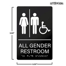 Load image into Gallery viewer, Bulk Case of 100 Sets - All Gender Restroom Sign with Braille 6" x 9", Black/White, Self-Adhesive Plastic Gender Neutral Handicapped Accessible Restroom Sign