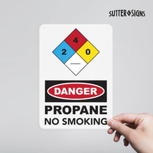Load image into Gallery viewer, Bulk Case of 50 Sets - Danger Propane No Smoking Aluminum Sign, 10x7, Rust-free Aluminum Sign with Pre-drilled Mounting Holes by Sutter Signs