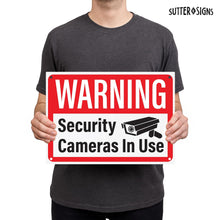Load image into Gallery viewer, Bulk Case of 63 Sets - Security Cameras in Use Sign, Plastic Video Surveillance Warning Signs, 10&quot; x 14&quot; with Mounting Holes (Pack of 4)