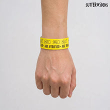 Load image into Gallery viewer, Bulk Case of 100 Sets - 21+ Wristbands for Events 500 ct | Over 21 Age Verified Wristbands, Waterproof Vinyl Wrist Bands for Parties, Venue, Concerts, Night Club, Yellow &amp; Black